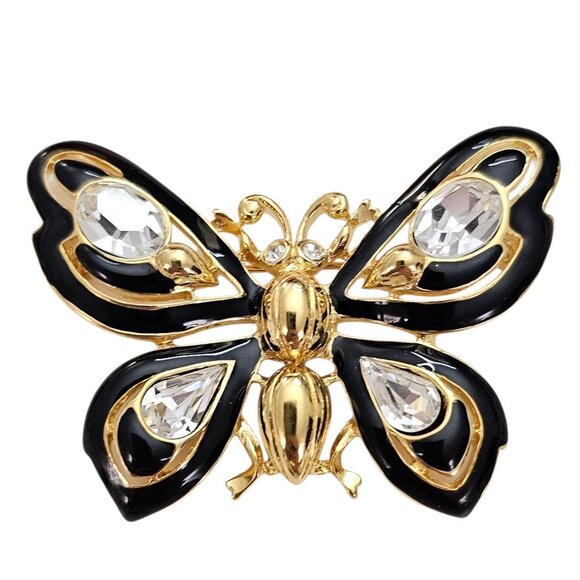 Trifari TM Butterfly Brooch Vintage Clear Crystal Rhinestone Black Enamel Pin - Picture 9 of 9